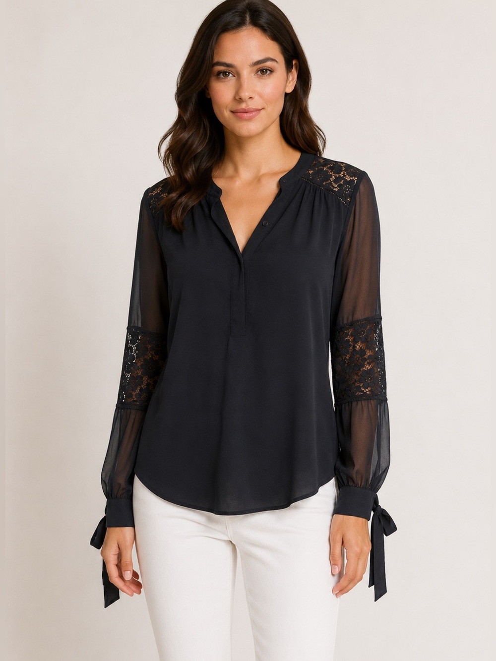 Rebecca Taylor Black Lace Yoke Sheer Long-Sleeve Blouse